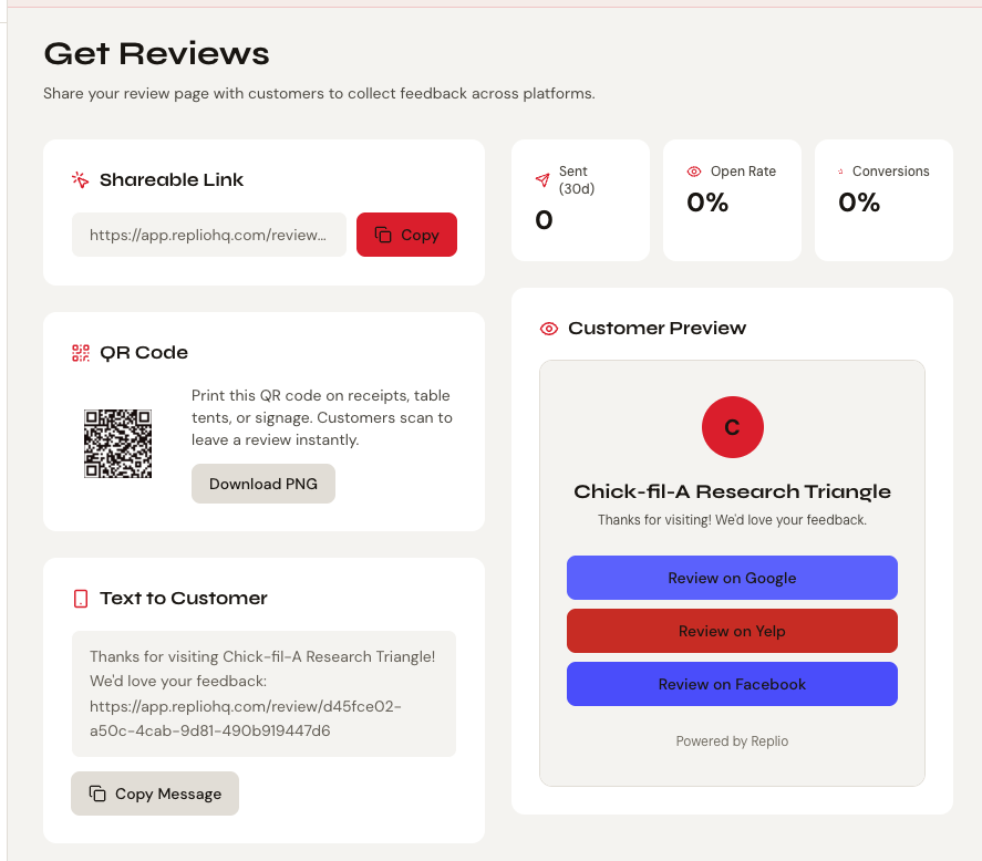 Replio Get Reviews tools: shareable link, QR code, text and email review requests